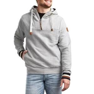 Wanakome Mens Gray Quarter-Zip Hoodie Striped Cuffs Fleece Lining Size L Thick